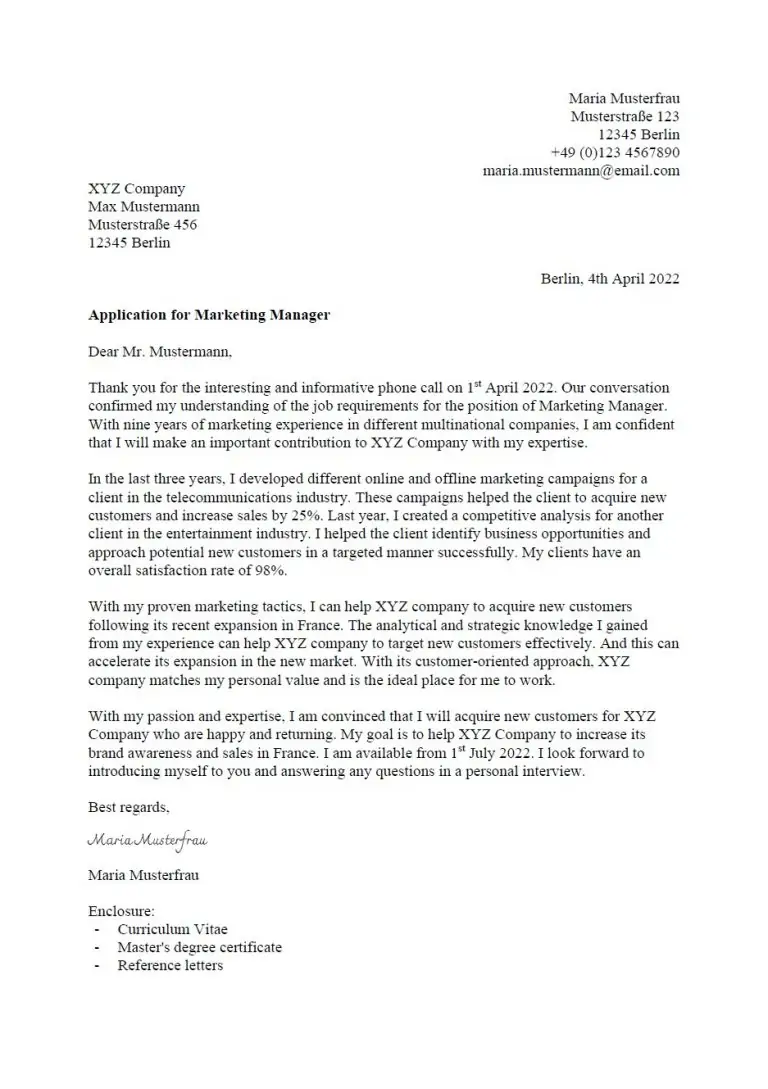german cover letter sample in english